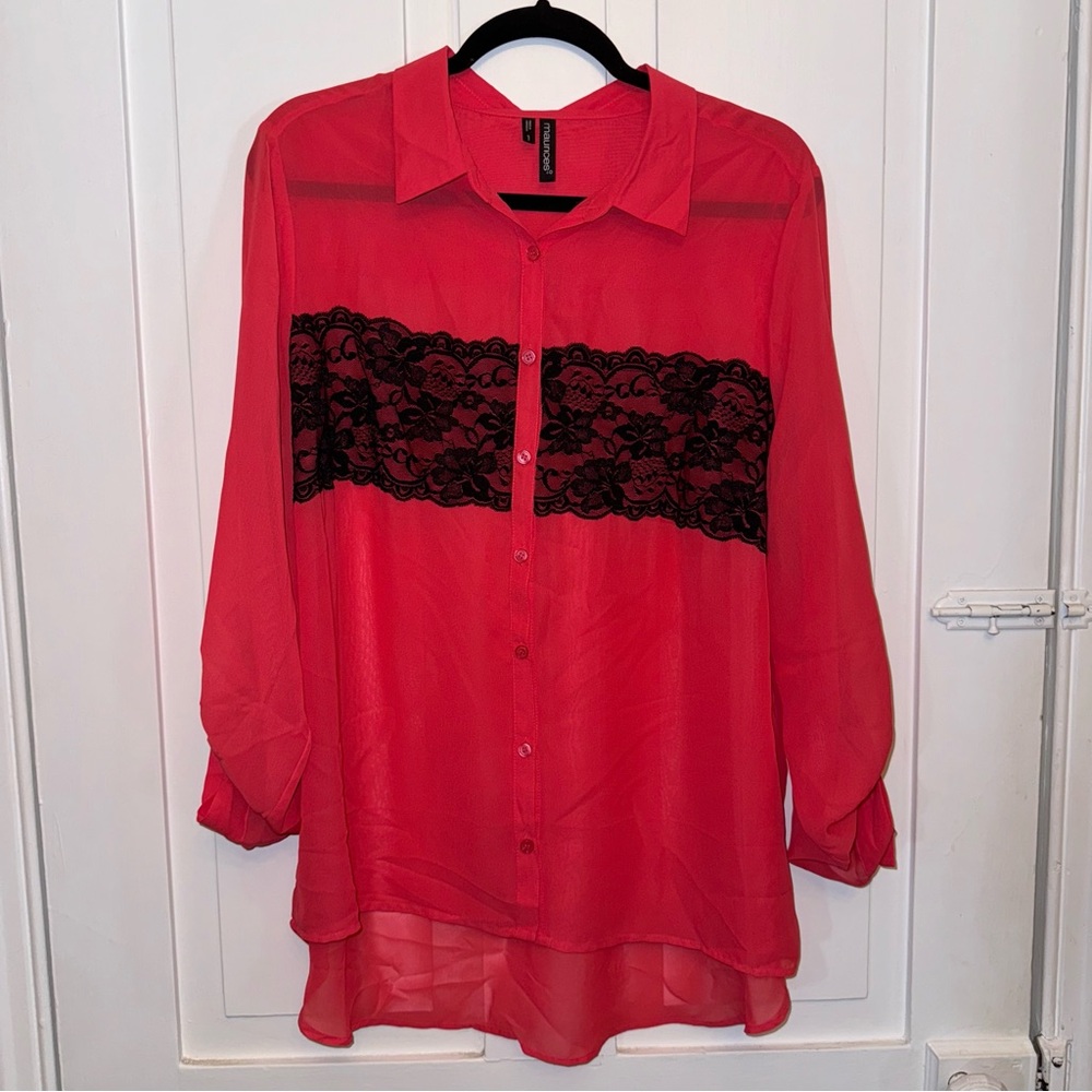 ✨maurices pink chiffon long sleeve black lace detail button down top✨